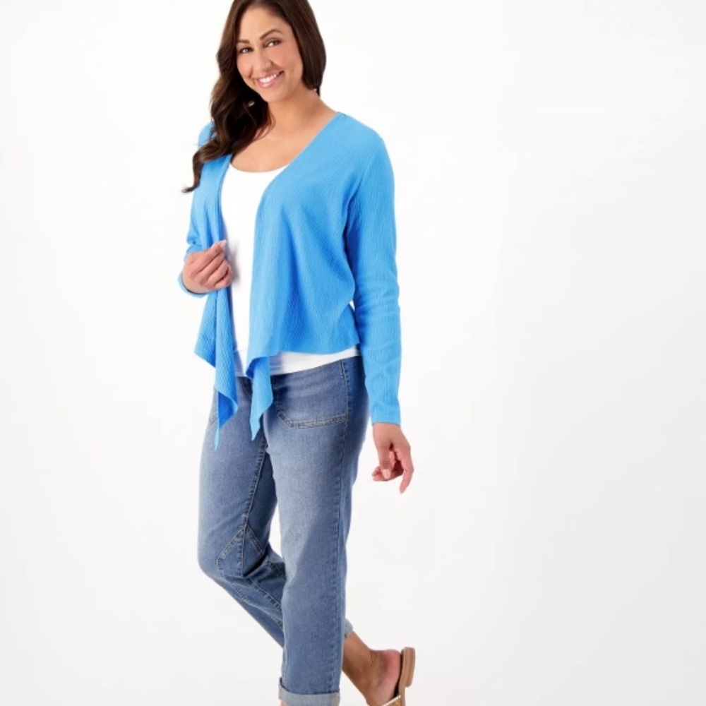 Belle Kim Gravel blue tie front cardigan rayon blend